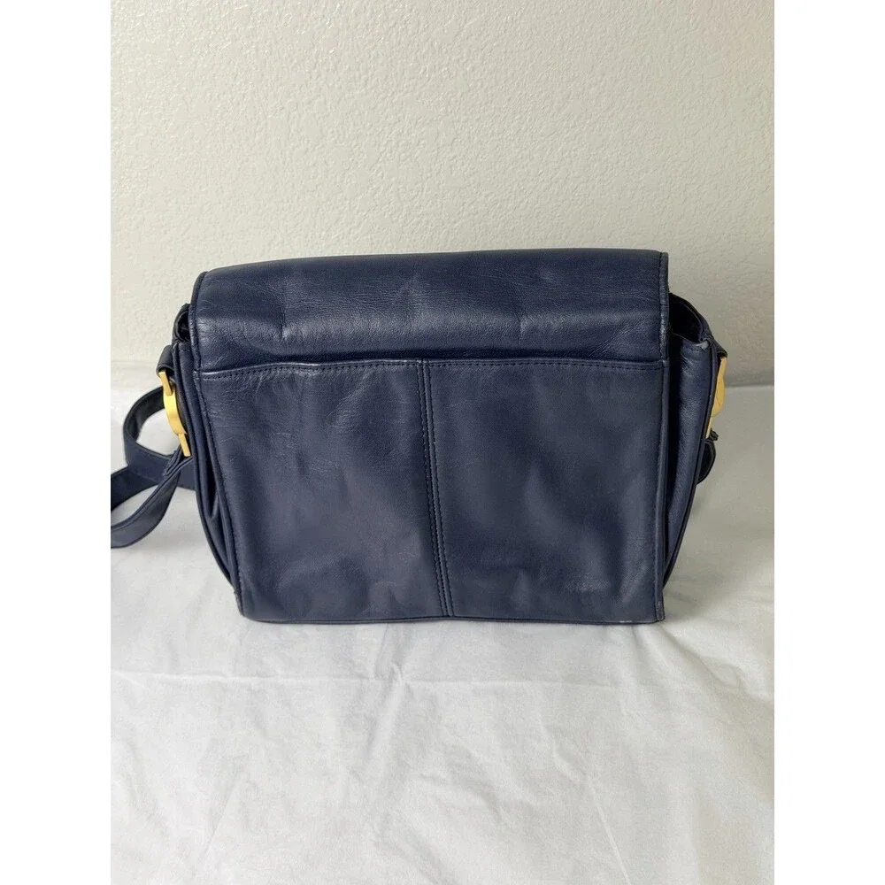 Vintage Jennifer Moore Navy Blue Leather Crossbody Shoulder Bag Gold Hardware